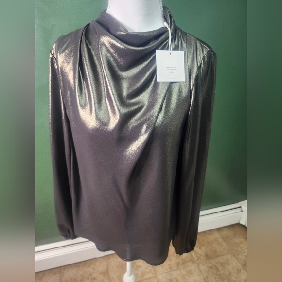 Lavender Brown Tops - Lavender Brown Metallic Silver Long Sleeve Blouse